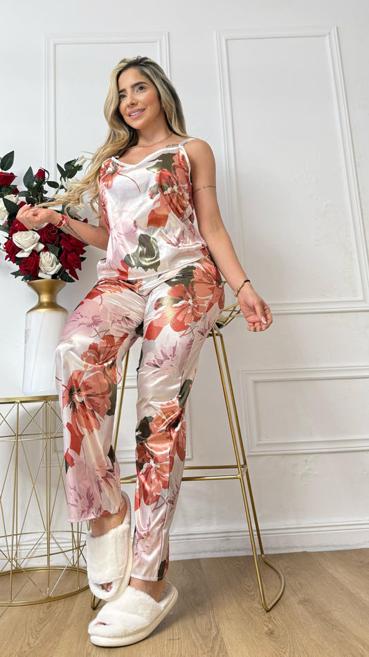 PIJAMA PANTALON SATIN ESTAMPADO ROJO