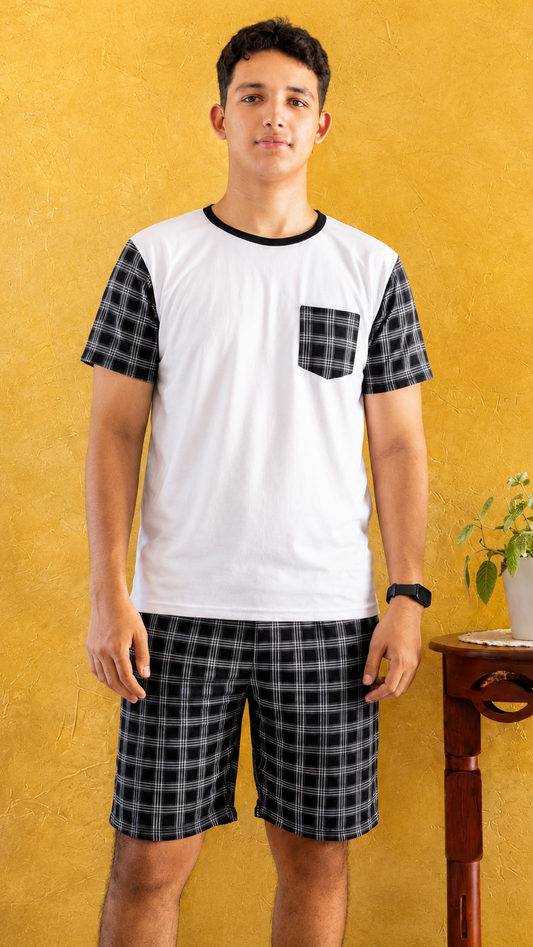 PIJAMA HOMBRE CORTA CUADROS NEGROS