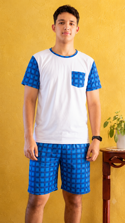 PIJAMA HOMBRE CORTA CUADROS AZULES