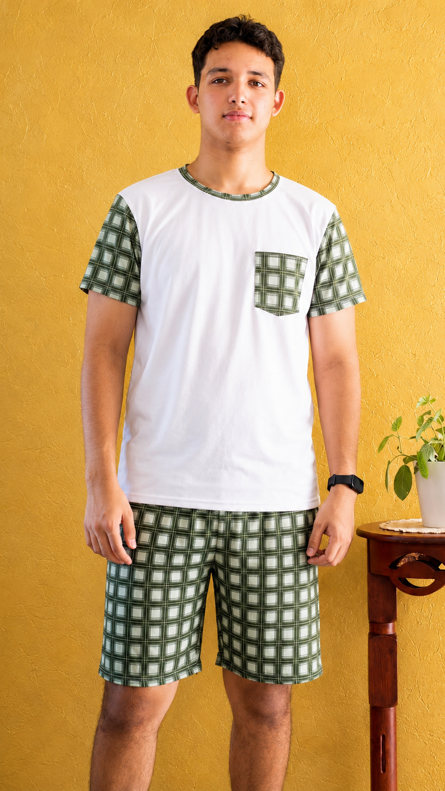 PIJAMA HOMBRE CORTA CUADROS VERDES